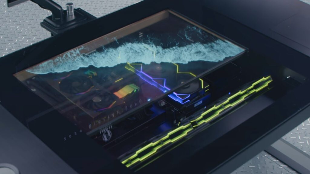 Lian Li’s radical PC desk has a 30″ transparent OLED screen on top