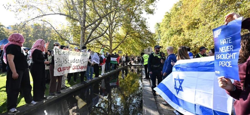 Pro-Israel supporters confront protesters at pro-Palestinian encampment in Melbourne