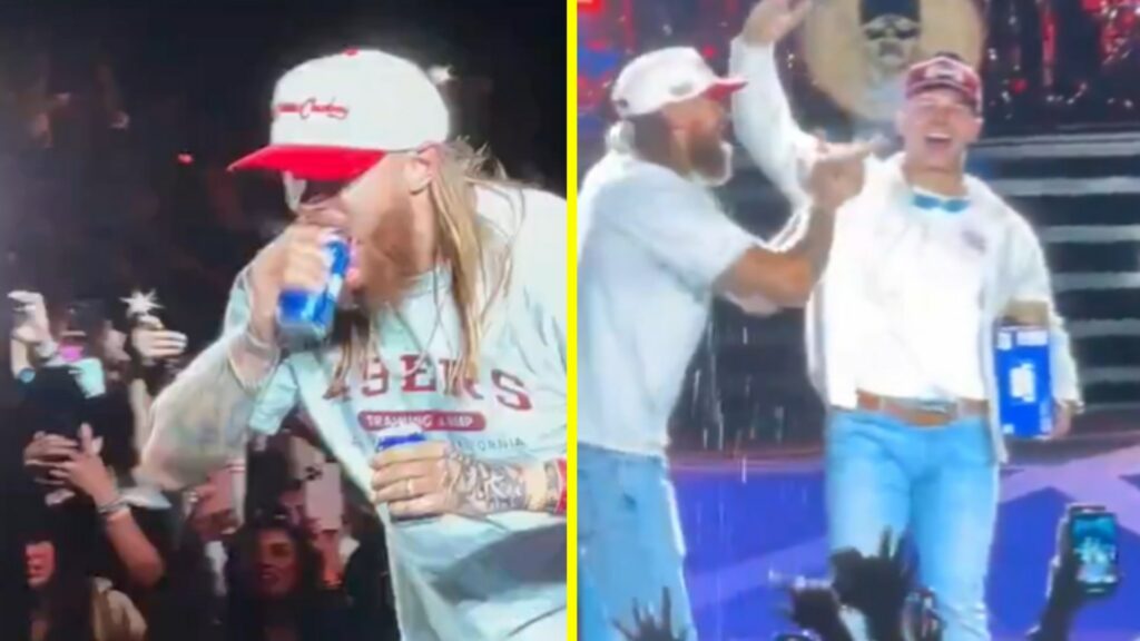 George Kittle opens beer with teeth and shotguns it Stone Cold style as he parties hard with Brock Purdy at Luke Combs concert