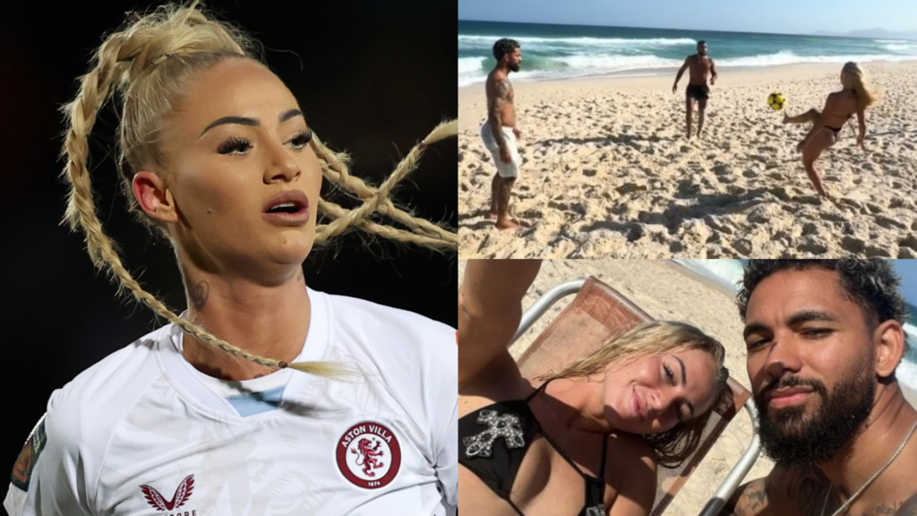 VIDEO: Bikini-clad Alisha Lehmann juggles ball on Brazilian beach with Douglas Luiz – but who lets it hit the sand?