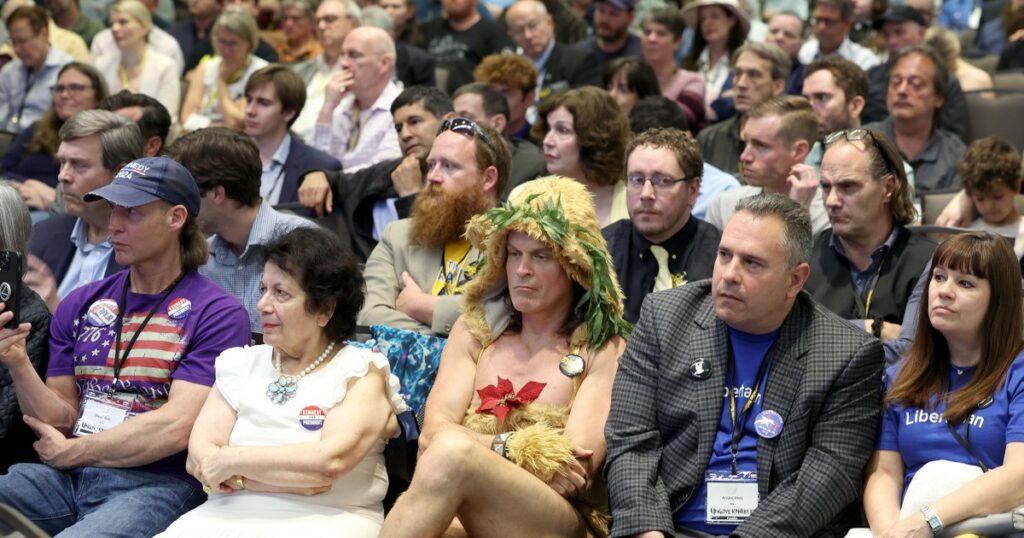 Boos and anti-Trump chants at Libertarian convention where former president is set to speak