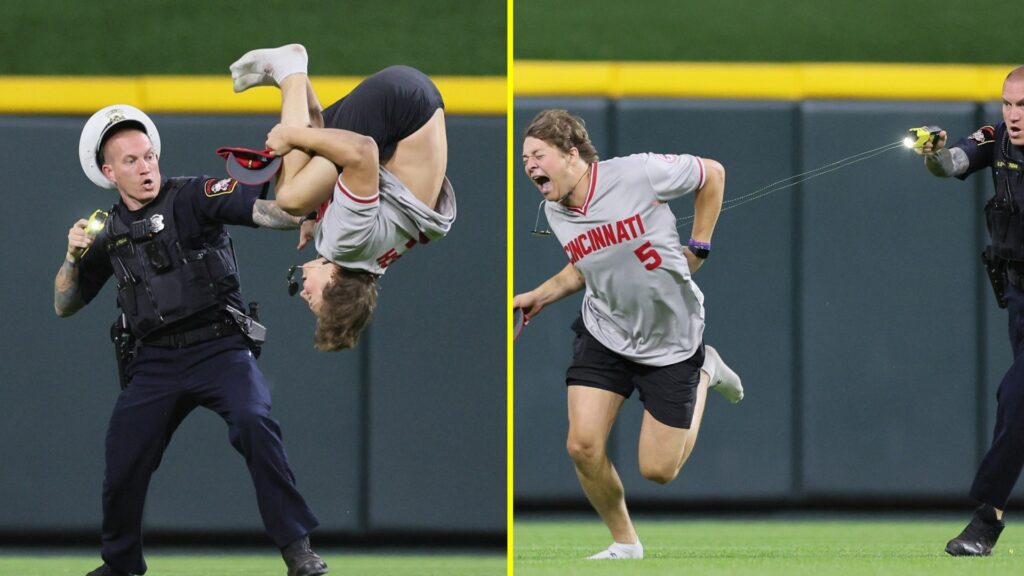 Crazy scenes as baseball fan rushes onto field, does a perfect backflip, and sees fun run ended when he’s tased by security