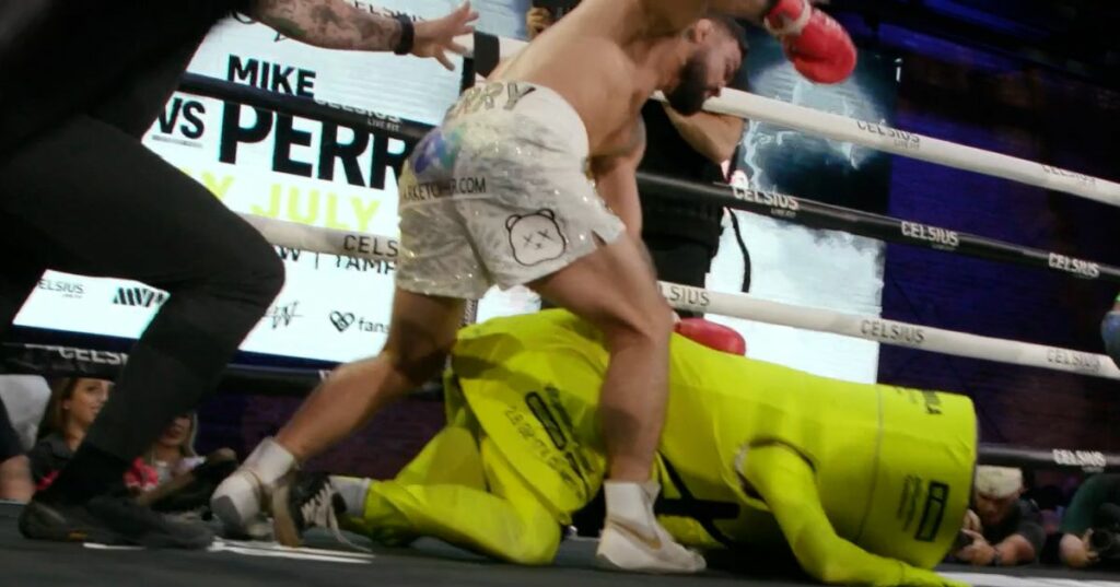 Video: Mike Perry attacks Jake Paul’s mascot at Paul vs. Perry open workouts