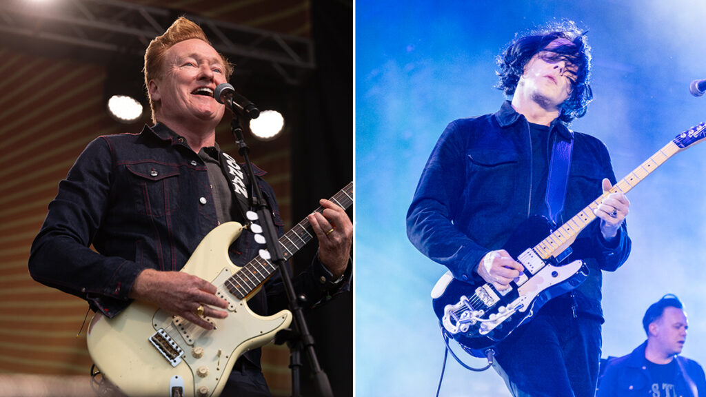 “You tell me, Professor, when you’re ready to go!” Conan O’Brien invites Jack White – and his wild custom Fenders – to swap solos on White Stripes and Eddie Cochran classics at the Newport Folk Festival