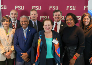 (Front left to right) Gabrielle Britton, principal investigator at INDICASAT-AIP’s Center for Neuroscience; Dr. Eduardo Ortega-Barría, national secretary of SENACYT; Mari Carmen Aponte, U.S. Ambassador to Panama; Eugenia Flores Millender, founding co-director of the CPSHE and associate professor in the College of Nursing; Louisa Blenman, interim director of International Programs at FSU; (back left to right) Carlos Langoni, rector of FSU Panama; Stephen McDowell, assistant provost for international initiatives at FSU; and Rick Burnette, FSU’s Vice Provost and Chief Strategy Officer.