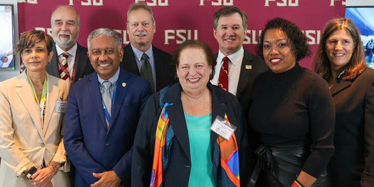 (Front left to right) Gabrielle Britton, principal investigator at INDICASAT-AIP’s Center for Neuroscience; Dr. Eduardo Ortega-Barría, national secretary of SENACYT; Mari Carmen Aponte, U.S. Ambassador to Panama; Eugenia Flores Millender, founding co-director of the CPSHE and associate professor in the College of Nursing; Louisa Blenman, interim director of International Programs at FSU; (back left to right) Carlos Langoni, rector of FSU Panama; Stephen McDowell, assistant provost for international initiatives at FSU; and Rick Burnette, FSU’s Vice Provost and Chief Strategy Officer.