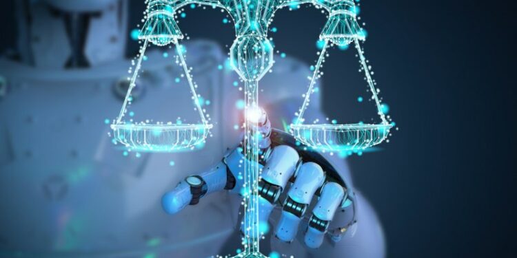 A robot reaches out to touch a digital representation of the justice scales.